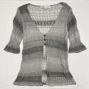 Y2K Studio Mode Grey Striped Crochet Cardigan Three Front Buttons Sz S Whimsy